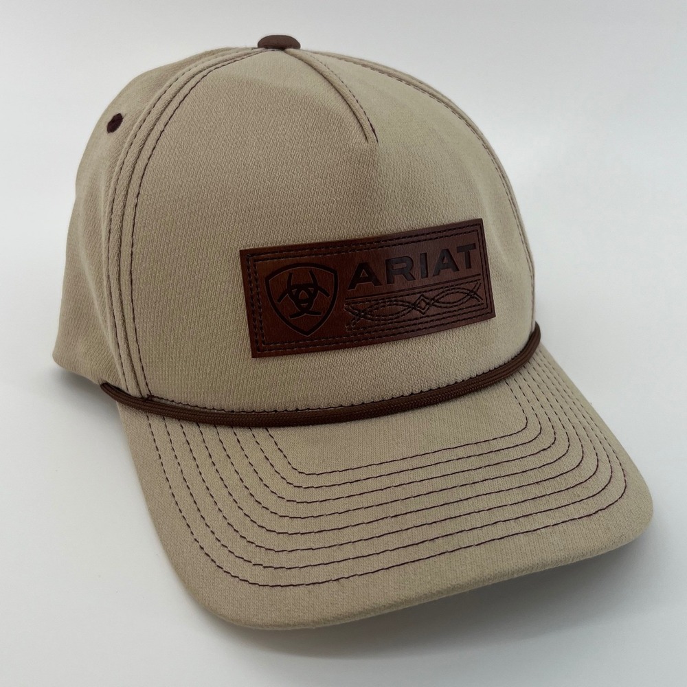 Ariat Snapback Hat Mens OS Tan Brown Leather Patch Rope Detail Cap